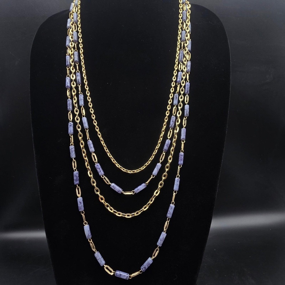 Hong Kong Layered Gold Tone Chain Necklace Periwinkle Beads Lightweight Vintage